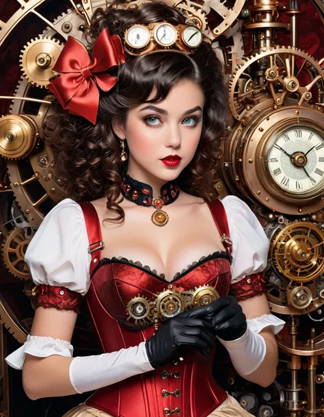 A highly detailed steampunk-themed illustration of a young woman with a vintage, pin-up style appearance. She has curly black hair styled with a large red bow and is dressed in a revealing corset with red and white accents, adorned with various steampunk g...