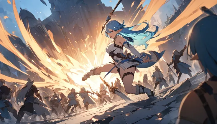 (Highest quality), An elf girl attacks with a large sword,Blue Hair,Different world