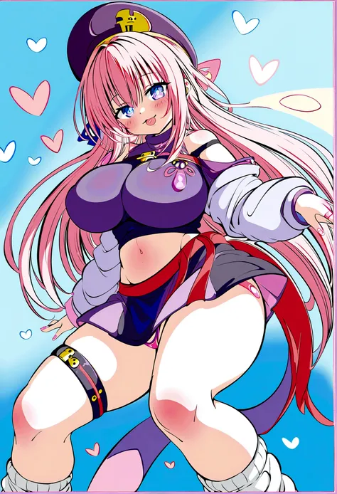 To Love-Ru、Purple off-the-shoulder mini skirt dress、Pink Hair、Big Breasts、Light purple loose socks、Provocative look、Raw thighs、Light blue eyes、Leg band only on left thigh、Are standing