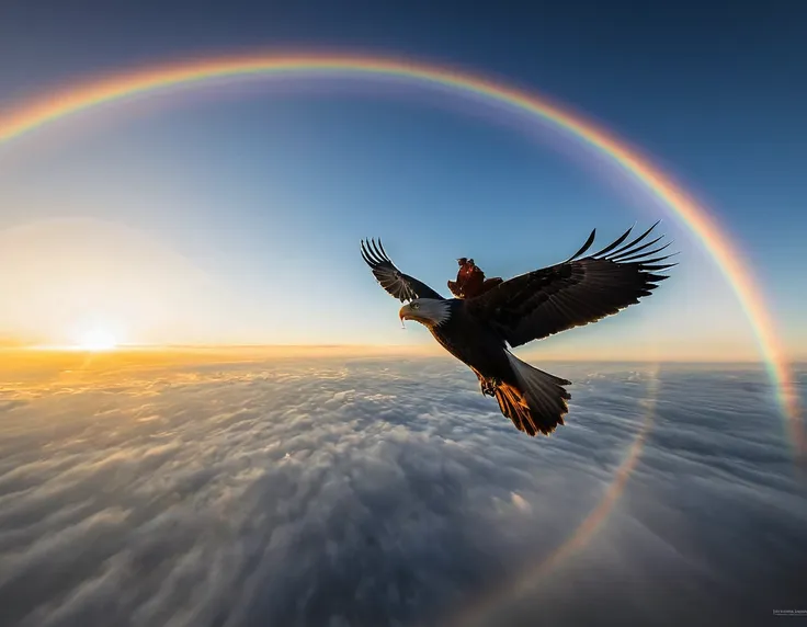 Une sublime élégante archère senvole dans un ciel radieux, un seul arc tendu à la main, long cheveux flottants, la flèche tendue vers le soleil couchant, une flèche vient dêtre décochée,  vue de côté , pose dynamique , bouche ouverte elle hurle sa rage de ...