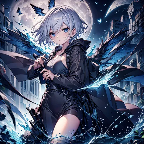 ((((grim Reaper　Inflammation))))　(((Gray Hair　short hair　blue eyes　woman　central)))，((night　full moon　My own big wings))，(Wearing a hood　Black camisole　Purple light)，　A tense look　Shining Background　Shining Edges