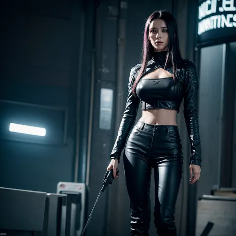 Photographie ultra réaliste dune cosplayeuse incarnant un personnage de lunivers de "Cyberpunk 2077". Elle a des cheveux courts et stylisés avec des couleurs néon vibrantes, et des yeux perçants augmentés par des implants cybernétiques. Elle porte une vest...