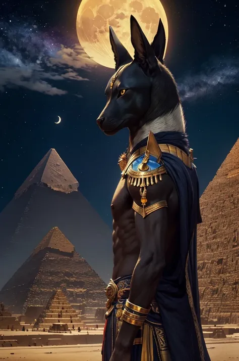 ((best quality)), ((masterpiece)), (detailed), perfect face Anubis next to the quetzal and the pyramids of Giza and the moon in the background 
