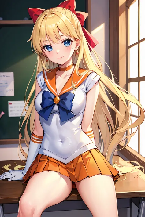 masterpiece, Highest quality, High resolution, Venus 1, One girl, alone, Sailor Warrior Uniforms, Sailor Venus, aino minako, Blonde, Magical girl, blue eyes, Orange Skirt, Elbow hand pockets, tiara, Pleated skirt, Hair Ribbon, Orange sailor collar, mini sk...