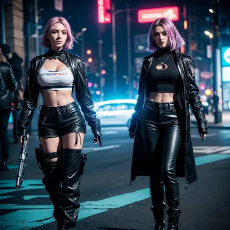 photographie ultra réaliste d'une cosplayeuse incarnant un personnage de l'univers de "cyberpunk 2077". elle a des cheveux court...