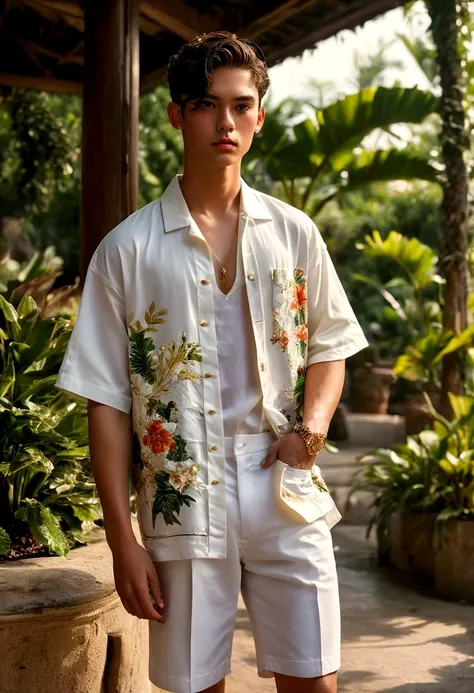 In a picturesque Chiang Mai setting, a young man aged 18-25, showcase fashion outfits inspired by local culture and nature, all in elegant white. wears an oversized short-sleeved bowling rayon shirt with subtle white patterns motifs, paired with relaxed-fi...