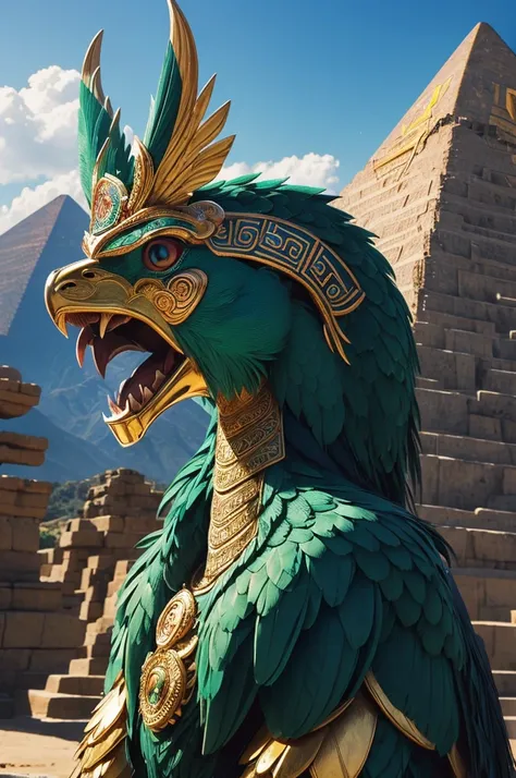 ((best quality)), ((masterpiece)), (detailed), perfect face Quetzalcoatl with a pyramid in the background

