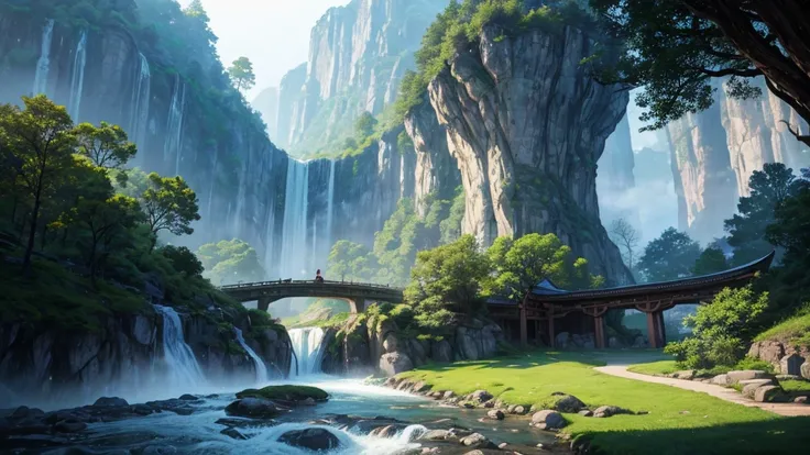 The photo depicts a mystical landscape with soaring rock formations, covered with green trees. A river flows through the landscape, cascading down in a series of waterfalls before flowing under an ornate bridge. Nestled among the rocks and trees are tradit...