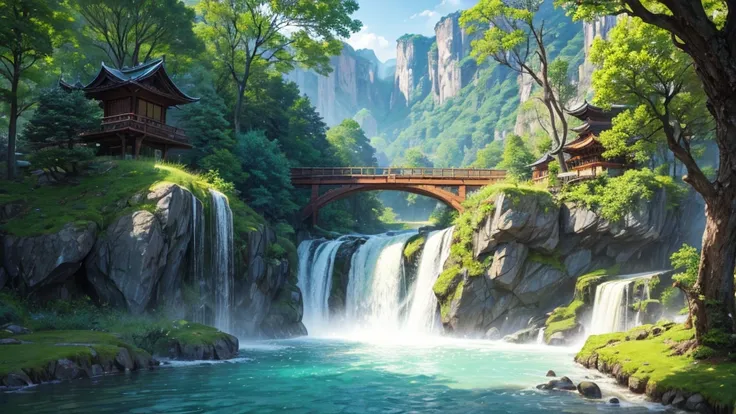 The photo depicts a mystical landscape with soaring rock formations, covered with green trees. A river flows through the landscape, cascading down in a series of waterfalls before flowing under an ornate bridge. Nestled among the rocks and trees are tradit...