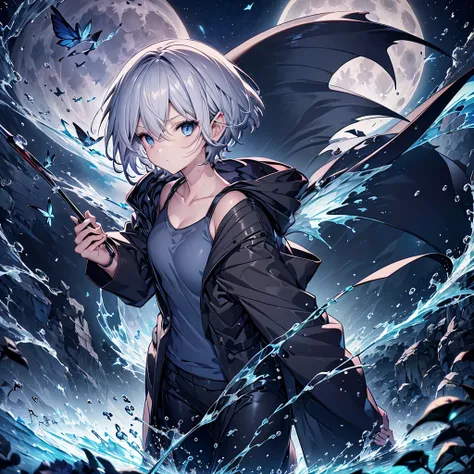 ((((grim Reaper　Inflammation))))　(((Gray Hair　short hair　blue eyes　woman　close)))，((night　full moon　My own big wings))，(Wearing a hood　Black camisole　Purple light　kind)，　A tense look　Shining Background　Shining Edges