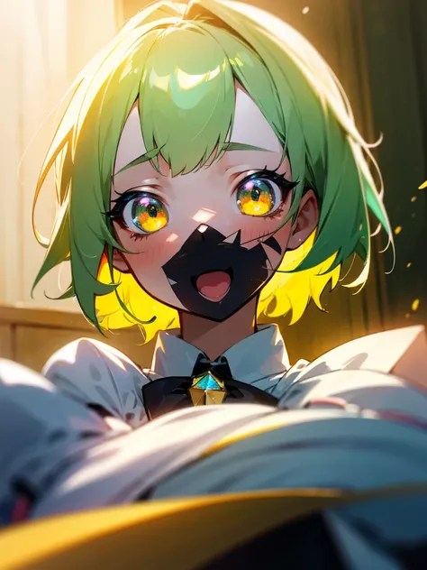 1baby loli anime girl, nekomimi, portrait, loli anime girl with short yellow hair wearing maid outfit, green emelard eyes, close up face, detailed eyes, detailed hair, emotional lovely happy expression, crystal glowing eyes, cinematic lighting, extremely d...