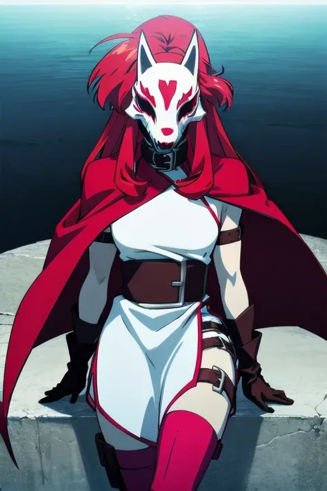 neonred, fox mask, sleeveless, gloves, thighhighs, knee boots, belt, red hair, 1girl, solo, facing viewer, looking at viewer, upper body. Hooded cloak, cape