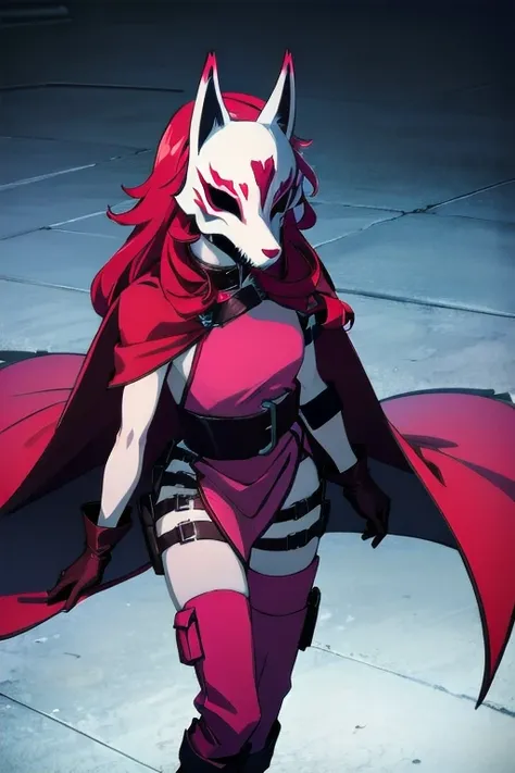 neonred, fox mask, sleeveless, gloves, thighhighs, knee boots, belt, red hair, 1girl, solo, facing viewer, looking at viewer, upper body. Hooded cloak, cape