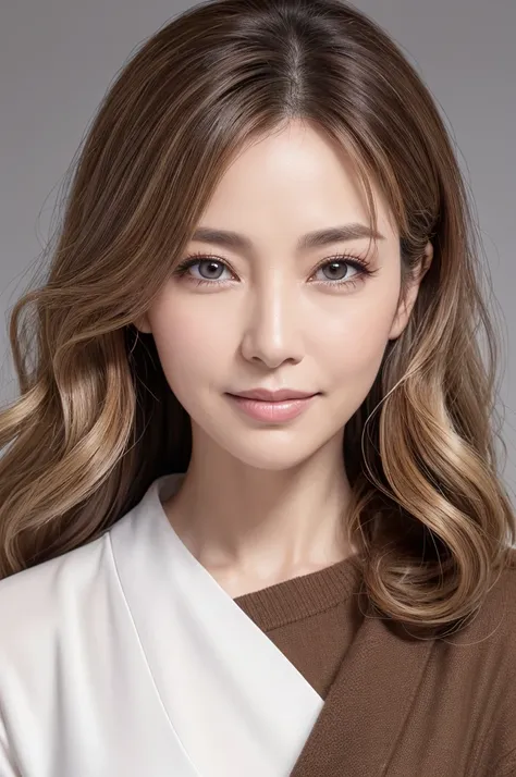 (the Extremely Detailed CG Unity 8K Wallpapers,masutepiece, Best Quality, Ultra-detailed), Gray background, 60-year-old female living in Japan, 50-year-old female born in Osaka,、Delicate contours、((eyes are thin and distant))、Eye color dark brown or warm h...