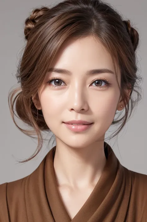 (the Extremely Detailed CG Unity 8K Wallpapers,masutepiece, Best Quality, Ultra-detailed), Gray background, 60-year-old female living in Japan, 50-year-old female born in Osaka,、Delicate contours、((eyes are thin and distant))、Eye color dark brown or warm h...