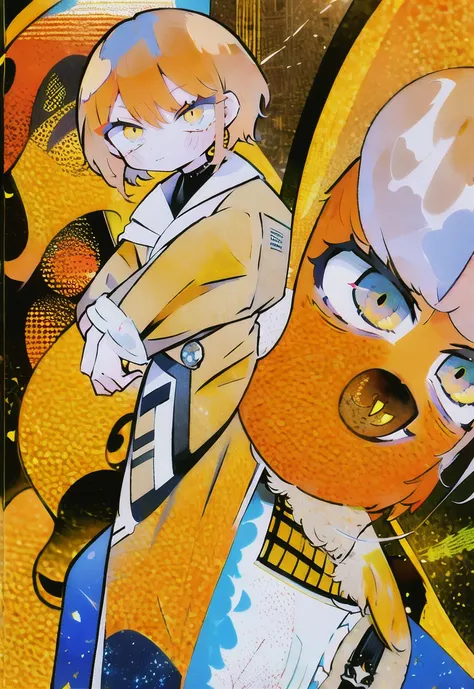 Medium-length light orange haired girl. Yellow eyes, mischevious smirk, quirky coat