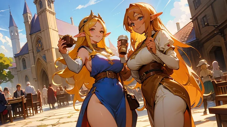 Anime Style,Nostalgic,Detailed background,The medieval world,A lively coffee shop with lots of people,Beautiful sky,Smiling bard beautiful elf girl holding coffee,Large Breasts,Healthy thighs,Underarm