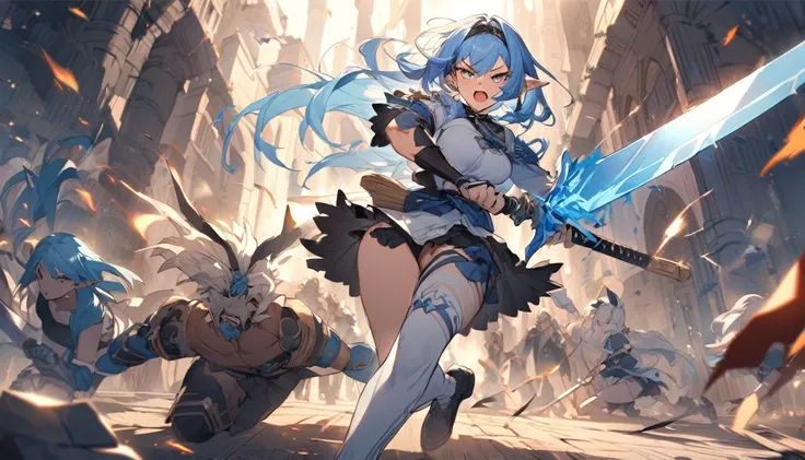 (Highest quality), An elf girl attacks with a large sword,Blue Hair,Different world