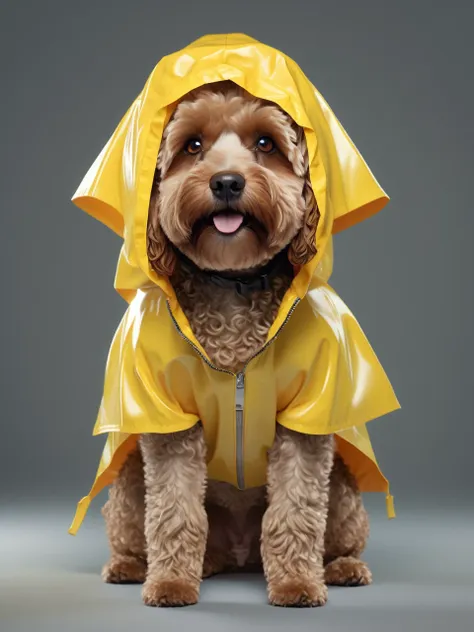 realistic 3d render, 1 brown cavapoodle dog, cat hood, hood up, colored sclera, yellow eyes, yellow sclera, jacket, transparent ...