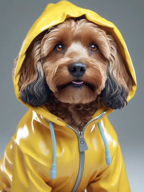 realistic 3d render, 1 brown cavapoodle dog, cat hood, hood up, colored sclera, yellow eyes, yellow sclera, jacket, transparent ...