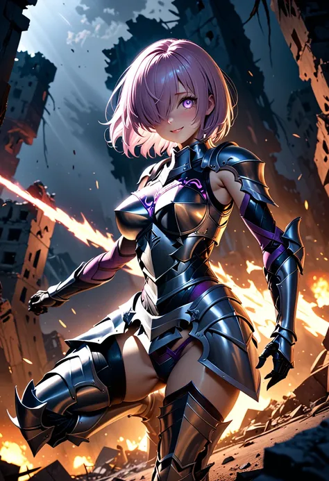 (masterpiece, top quality, best quality, beautiful and aesthetic:1.2), full body, SFW, extremely detailed, detailed face and eyes, cinematic light, depth of field, 1girl, seducing smile, solo, official, (full armored knight:1.4), dark armor, mash kyrieligh...