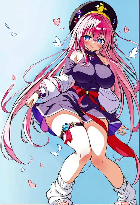 To Love-Ru、Purple off-the-shoulder mini skirt dress、Pink Hair、Big Breasts、Light purple loose socks、Provocative look、Raw thighs、Light blue eyes、Leg band only on left thigh、Are standing