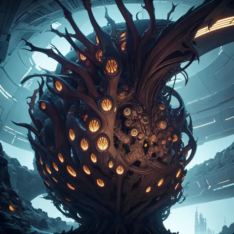 A hive-like structure, comprised of thousands of interconnected tunnels and chambers, inhabited by a colony of insectoid creatures with razor-sharp mandibles and a hive mind, their collective intelligence plotting unknown schemes. 