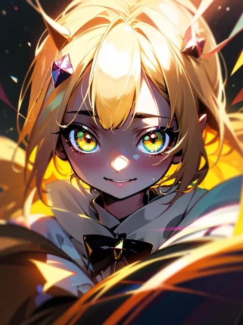 1baby loli anime girl, nekomimi, portrait, loli anime girl with short yellow hair wearing maid outfit, green emelard eyes, close up face, detailed eyes, detailed hair, emotional lovely happy expression, crystal glowing eyes, cinematic lighting, extremely d...