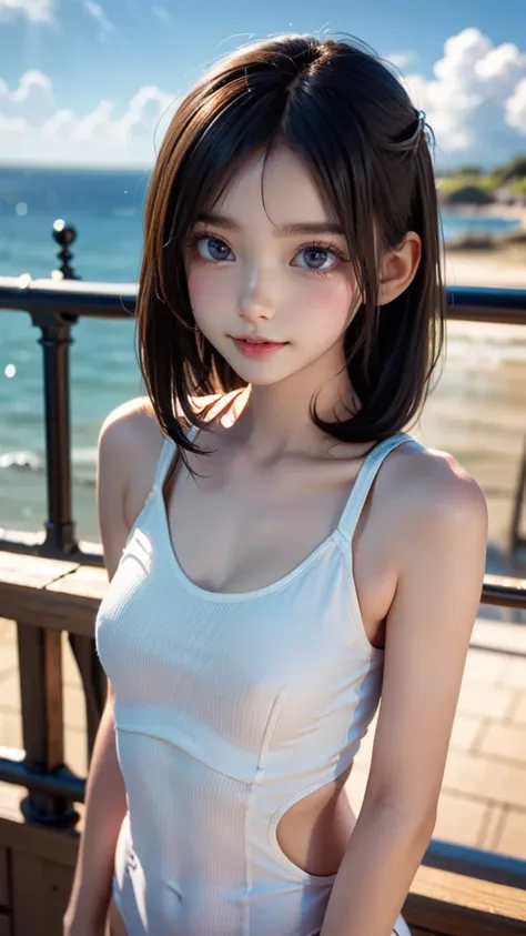 One Girl，(1人のとてもcute女の子:1.3)，masterpiece，Highest quality，High resolution，From below，Photorealistic，RAW Photos，Ray Tracing，beautiful girl，(15 years old:1.3)，cute，Big eyes，(detailed pupils:1.2)，(The face is facing straight ahead:1.3)，Body facing forward，Beau...