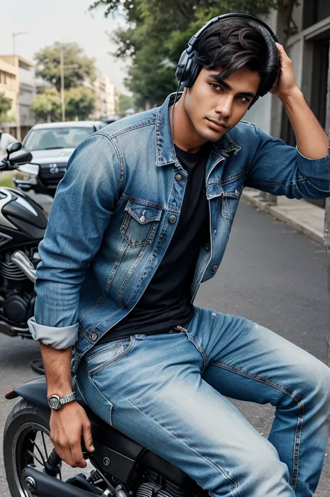 A boy is sitting on motorbike and he is wearing jeans shirts of Armani and he is wearing headphones and in the background writing "SAMEER KHAN" 
