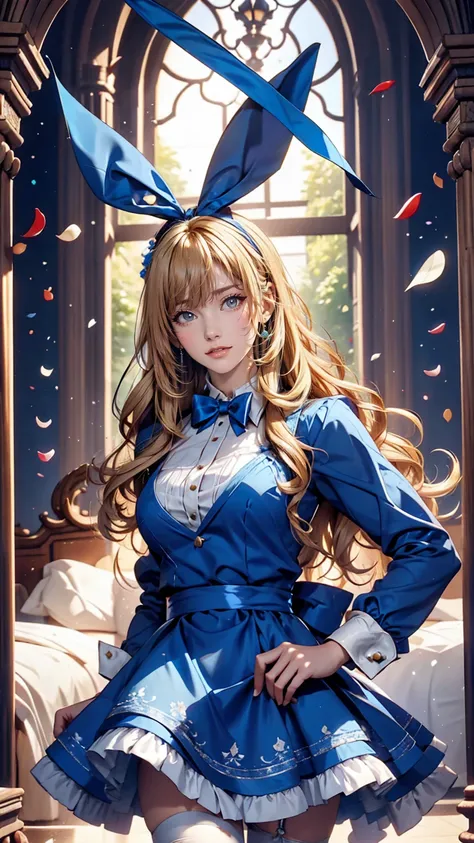 Alice in Wonderland、Wear a blue apron dress、Blonde、long hair、Hair becomes wavy、Put a big ribbon on your head、Chasing a tuxedo-wearing rabbit on two legs