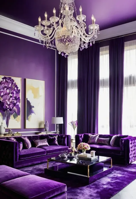 A vibrant living room, awash in shades of purple, exudes a sense of bold elegance. The plush velvet sofas, accented with delicate floral patterns, invite relaxation, while the sleek, modern coffee table and the shimmering crystal chandelier add a touch of ...