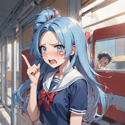 (Tsundere mode) (15 yo, solo forehead blue hair long hair cute girl, lovely blue eyes, angry face, pink lip open mouth), break, (in a summer school sailor suit, red ribbon, skirt), (index finger raised), BREAK, perfect anatomy, masterpiece, best quality, 1...