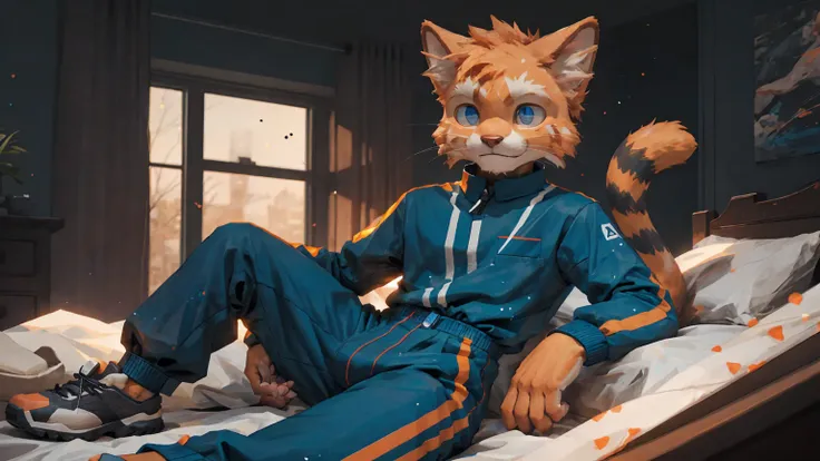 masterpiece,Official Art,hairy,male,Shota,Anthropomorphic orange cat,Delicate face,blue eyes,No hair, Animal jumpsuits, bedroom, sit, Comfortable room, Depth of Field, Perfect lighting, Light Particles,(best quality),(masterpiece),(Extremely detailed),Clea...