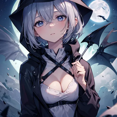 ((((grim Reaper　Inflammation))))　(((Gray Hair　short hair　blue eyes　woman　Center close-up)))，((night　full moon　My own big wings))，(Wearing a hood　Black camisole　Purple light)，　A tense look　Shining Background　Shining Edges