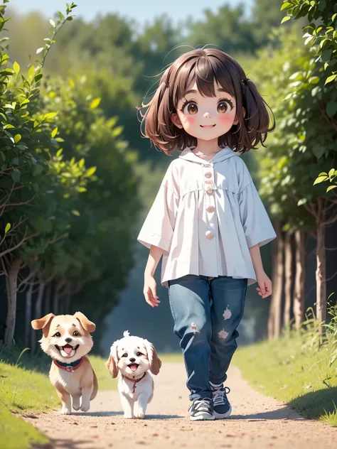 Two Girls、Very close sisters、Walk hand in hand、Having fun and being excited、Both of them are skipping、Happy smile、Walking side by side with your dog、Watching the audience、((Quadrupedal dog))、(A big dog, the same size as her sisters:1.5)、Bushy-haired dog、A ...