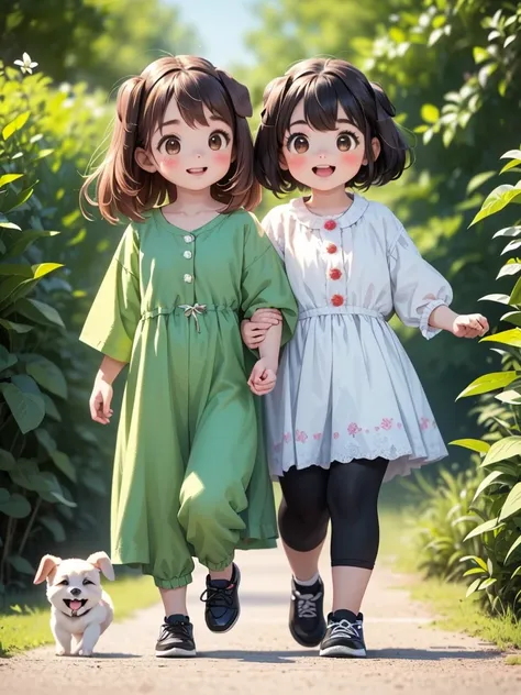 Two Girls、Very close sisters、Walk hand in hand、Having fun and being excited、Both of them are skipping、Happy smile、Walking side by side with your dog、Watching the audience、((Quadrupedal dog))、(A big dog, the same size as her sisters:1.5)、Bushy-haired dog、A ...