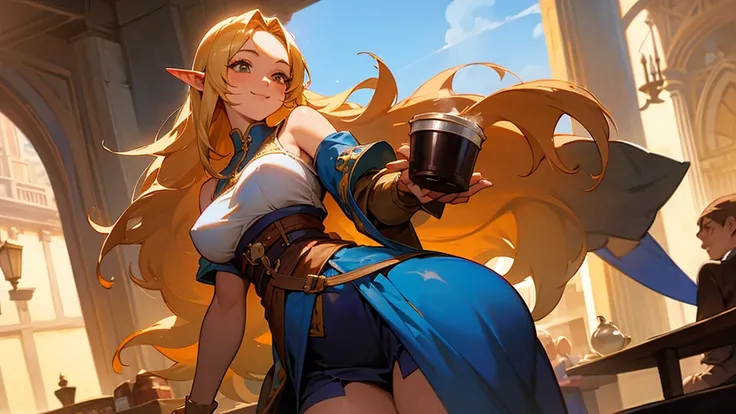 Anime Style,Nostalgic,Detailed background,The medieval world,A lively coffee shop with lots of people,Beautiful sky,Smiling bard beautiful elf girl holding coffee,Large Breasts,Healthy thighs,Underarm