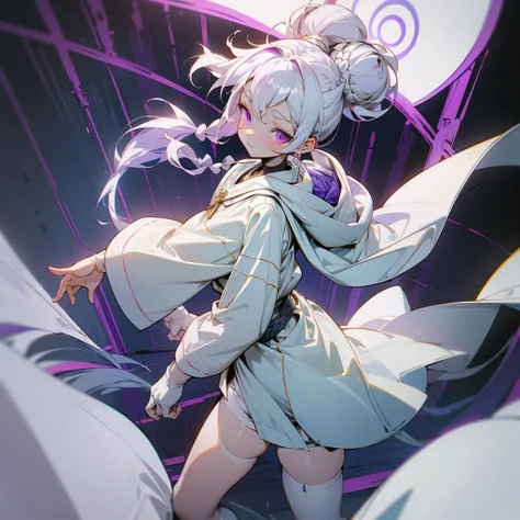 shaman girl with white hair braided in a ponytail on the left side to one side. with a bun. pale violet eyes. in short white shorts. long white T-shirt. white knee-high socks. white long robe with hood. white corridor with stairs, purple lamps