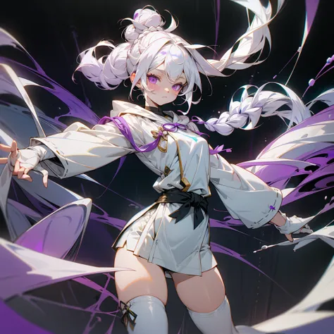 shaman girl with white hair braided in a ponytail on the left side to one side. with a bun. pale violet eyes. in short white shorts. long white T-shirt. white knee-high socks. white long robe with hood. white corridor with stairs, purple lamps