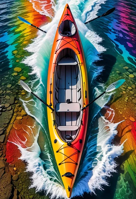 a kayak in the water, in the style of optical color mixing, aerial view, rainbowcore, national geographic photo, 8k resolution, crayon art, interactive artwork