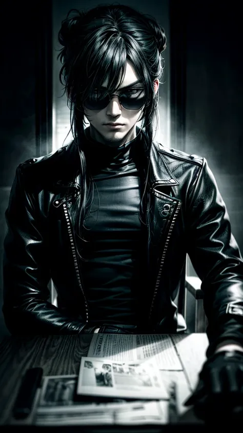 a stylish korean man with long hair tied in bun, wearing black round sunglasses, black leather gloves, dark clothing, sitting on...