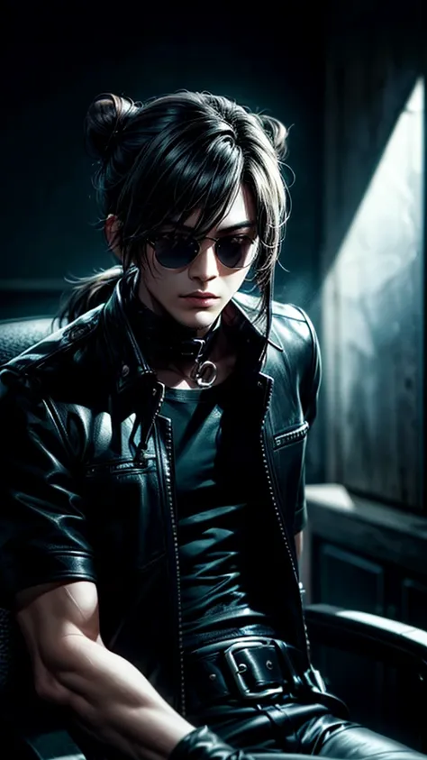 a stylish korean man with long hair tied in bun, wearing black round sunglasses, black leather gloves, dark clothing, sitting on...