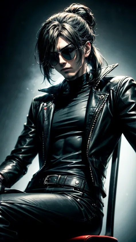 a stylish korean man with long hair tied in bun, wearing black round sunglasses, black leather gloves, dark clothing, sitting on...