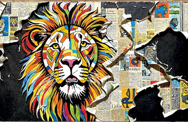 arafed drawing of a lion with a torn piece of newspaper, added detail, inspired by leo leuppi, prophetic art, mixed media illust...