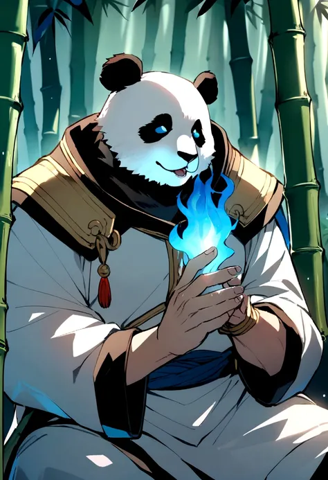 Panda warrior in warrior costume sitting in bamboo forest，Holding a blue flame in his hand