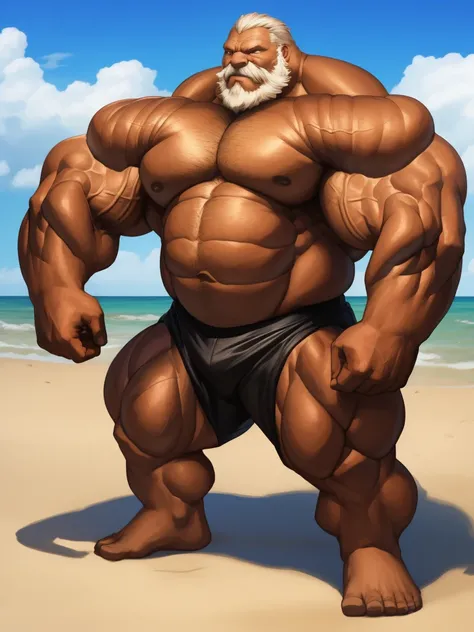 anime, masterpiece, art winner, beach, extremely huge muscular, massive muscular, full-body, well-muscled old man. ((extremely muscle size, super thick arms, huge pec, extremely wide pectoral , huge arms)).  and add details to make it attractive and intere...