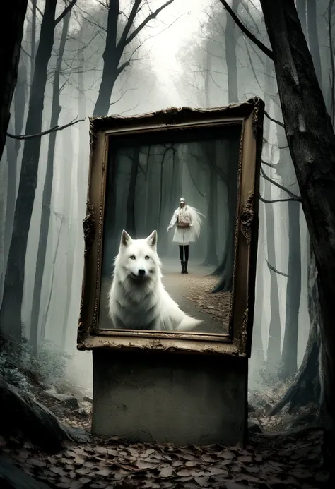 A white wolf gazing menacingly into the forest, Surreal, photograph, 非常に高解像度のphotograph