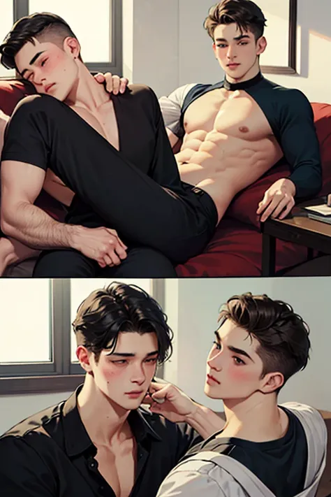 ((masterpiece, Best quality)), realistic, Men 30 years old and boys 18 years old.,, boys with open limbs, the right eye is closed and the left eye is also closed, in a trance. very short black hair, blush, vulgarity, top to bottom bottom to top, hard breat...