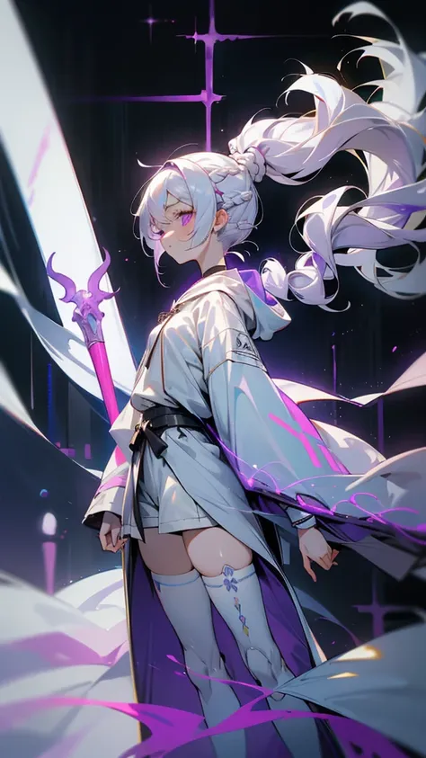 shaman girl with white hair braided in a ponytail on the left side to one side. with a bun. pale violet eyes. in short white shorts. long white T-shirt. white knee-high socks. white long robe with hood. white corridor with stairs, purple lamps